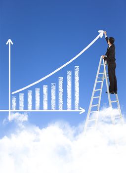 business man writing growth bar chart with sky background