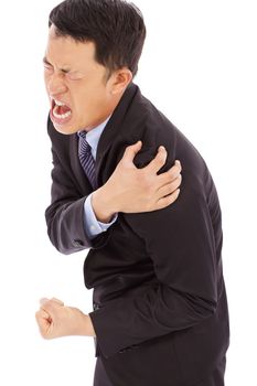 businessman having shoulder pain and painful expression