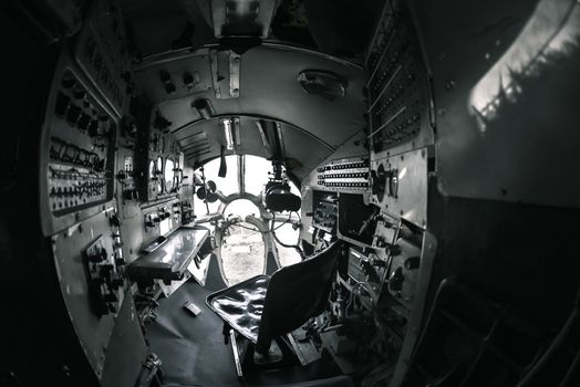 Interior of an old aircraft with control panel