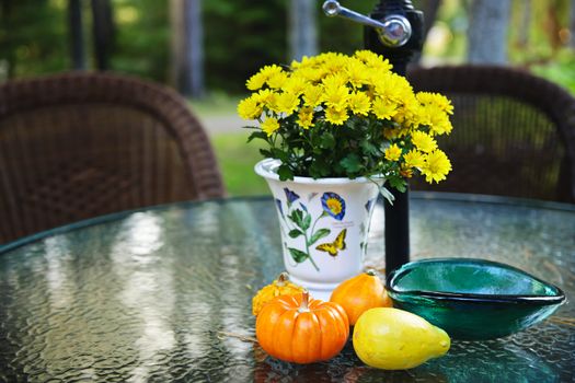 Fall table with gourds and flowers