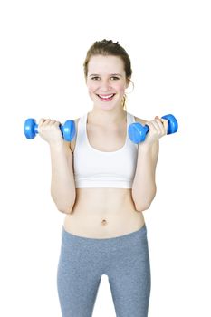 Happy active girl holding weights