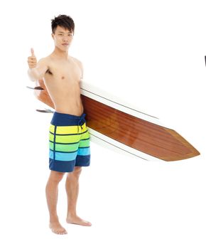 surfer holding a surfboard and thumb up