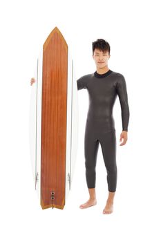 surfer man standing and holding a surfboard