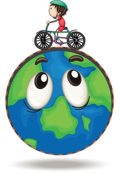 illustration of a boy playing bicycle on a earth globe