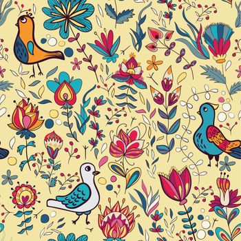 Seamless floral pattern with birds and flowers