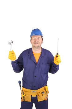 Worker holding screwdriver.