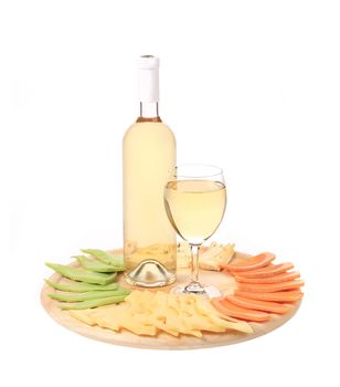 Bottle of chardonnay and cheese platter.