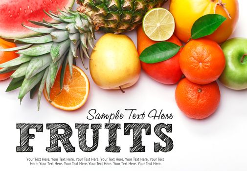 Fruits on white background with space for text. Organic food.