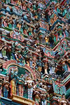 Kali image. Sculptures on Hindu temple gopura (tower). Menakshi Temple, Madurai, Tamil Nadu, India 