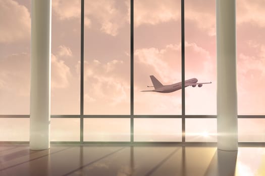 Airplane flying past window at sunrise