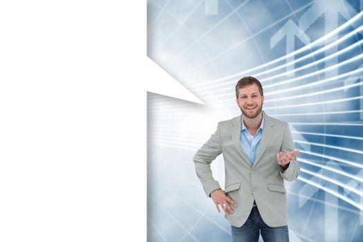 Composite image of stylish man smiling and gesturing with speech bubble