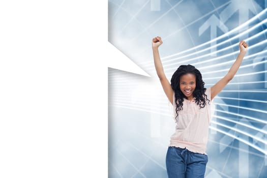 Composite image of a young happy woman with speech bubble
