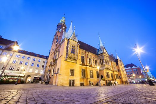 Wroclaw, Poland. The Town Hall on market square at night