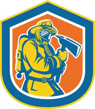 Fireman Firefighter Holding Fire Axe Shield 