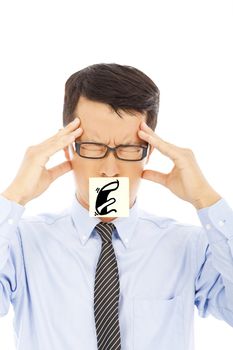 businessman with headache and blame expression on sticker