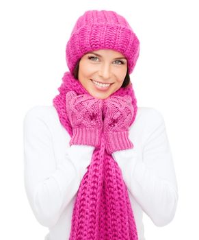 woman in hat, muffler and mittens