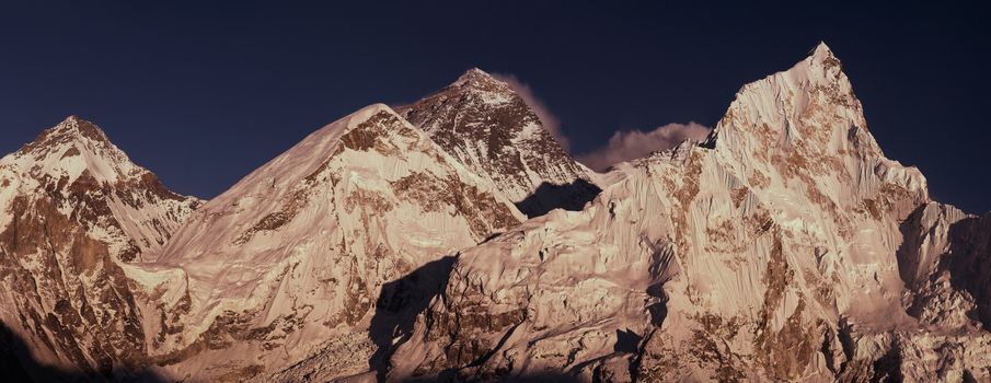 Everest Summit panoramic view with Lhotse and Nuptse peaks