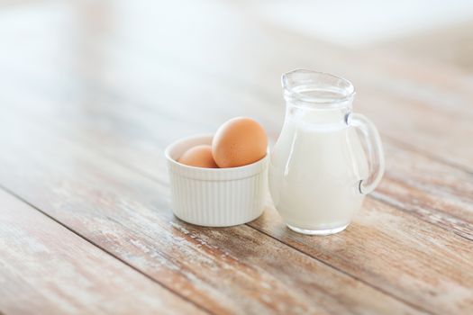 close up of jugful of milk and eggs in a bowl