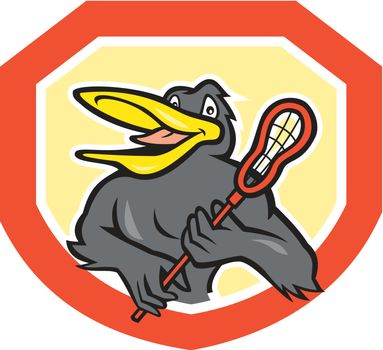 Black Bird Lacrosse Player Shield Cartoon