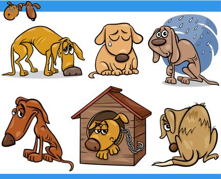 sad stray dogs cartoon illustration set