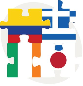 Colombia, Greece, Ivory Coast,  Japan Flags in puzzle