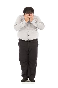 fat business man too unbelievable his weight to cover face