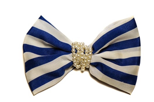 Large white bow with blue stripes with beads