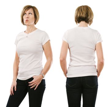 Woman in her forties posing with blank white shirt