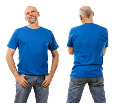 Man in his forties wearing blank blue shirt