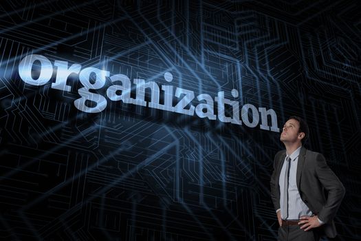 Organization against futuristic black and blue background