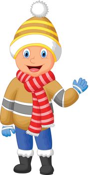 Cartoon illustration of a boy in Winter clothes waving