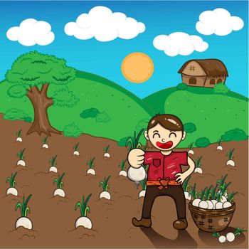 Farmer and onion plants a harvest vector cartoon