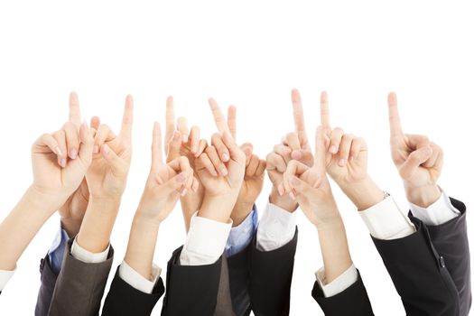 group of business people hands point upward together