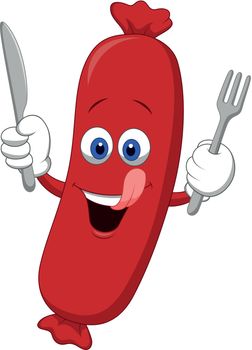 Happy Sausage Cartoon Mascot Character With Fork and Knife