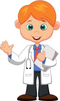 Cute little male doctor waving hand