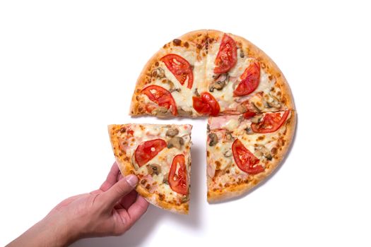 Male hand picking pizza slice 