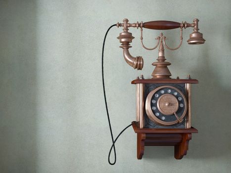 Vintage telephone on old wall concept background
