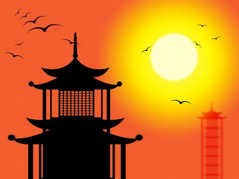 Pagoda Silhouette Indicates Zen Buddhism And Worship