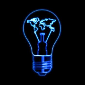 light bulb sign with world map over black background