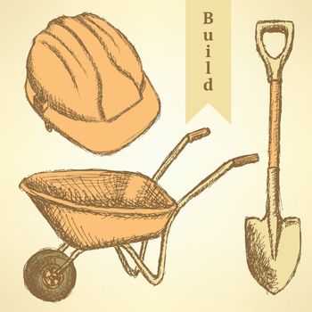 Sketch helmet, barrow and shovel,  vector  background