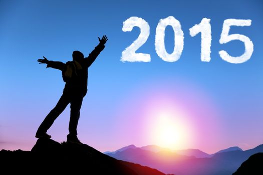 happy new year 2015. young man standing on the top of mountain
