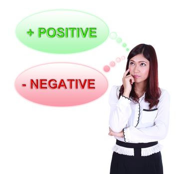 Business woman thinking about positive and negative thinking