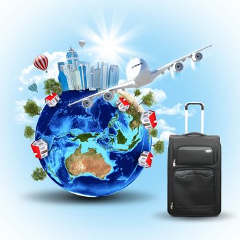 Earth with buildings, airplane and voyage bag