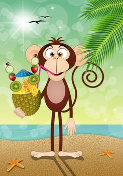 illustration of a Monkey with pineapple on the beach