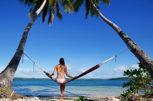 Young woman in bikini sitting in a hammock between palm trees, O