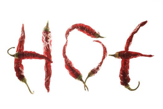 Red chilli peppers spelling the word "hot"