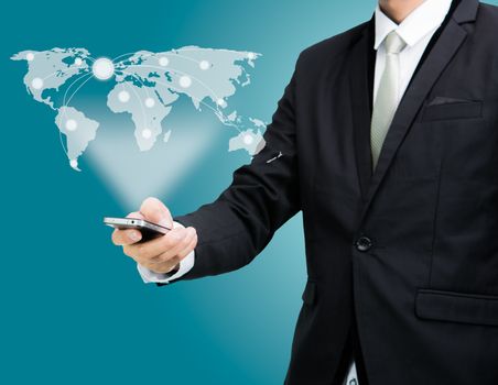 Businessman standing posture hand hold mobile phone Global Marke