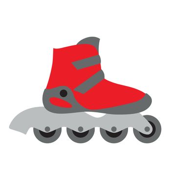 red inline roller skate boot icon with four wheels and two buckles - symbol of rollerskating, sport, recreation and motion