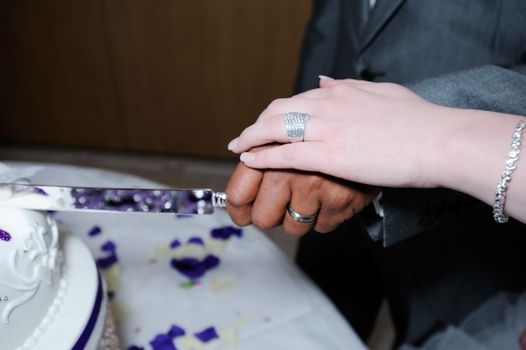 Bride and groom cutting cake closeup