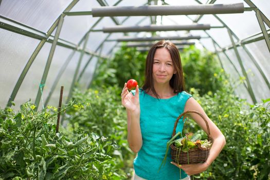 young woman holding a basket of greenery and tomatos in the greenhouse